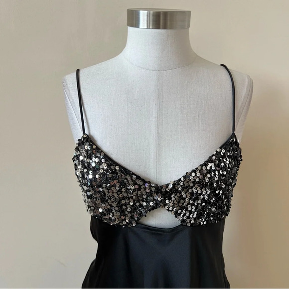 New! Zara Black Satin Contrast Sequin Maxi Slip Dress nwt 26138 - Picture 4 of 15